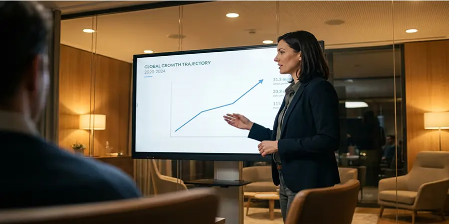 A professional confidently delivering a presentation using a clean, visually focused slide