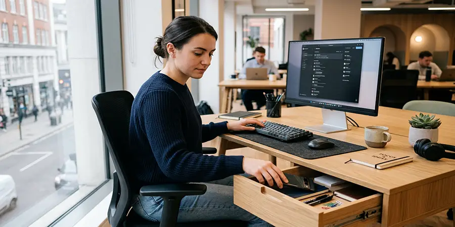 Individual consciously putting away their smartphone to focus on work
