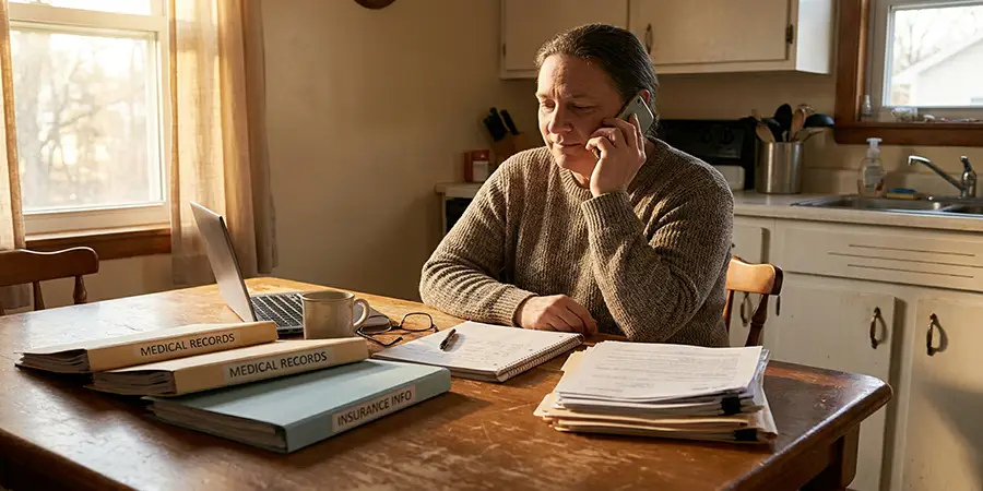 A focused individual calmly reviewing documents while making a phone call, representing strong self-advocacy.