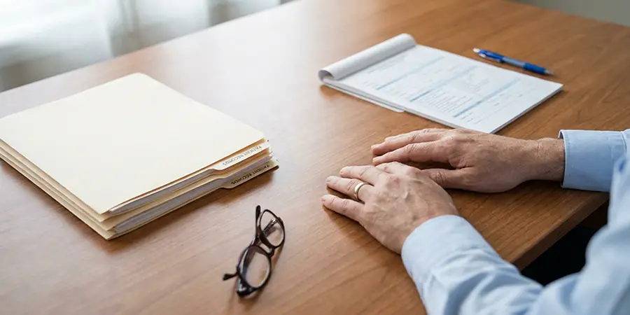 A person taking organized control of documents representing a personal injury claim