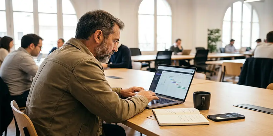 A professional international contractor working effectively on a laptop