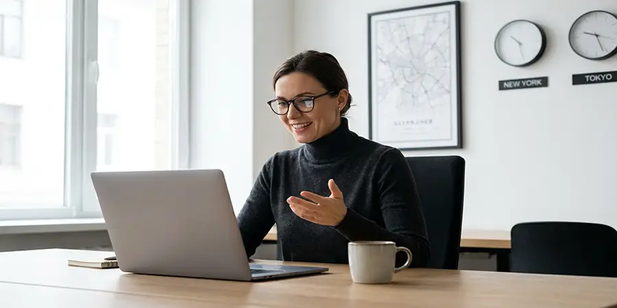 A professional in a crisp shirt communicating effectively on a video call with international clients