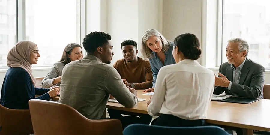 A diverse group of professionals discussing inclusion and intersectionality at a modern conference table