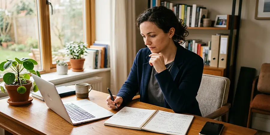 A professional reviewing handwritten notes and preparing thoughtfully for an interview