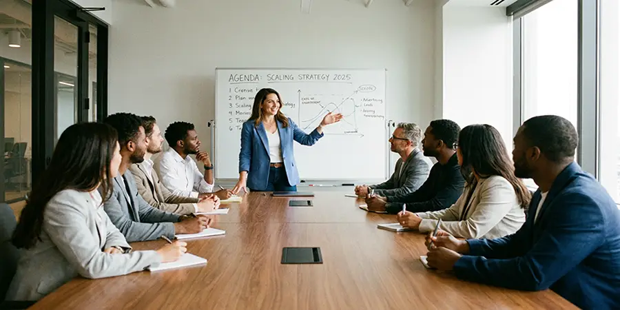 A professional confidently facilitating a structured meeting with engaged team members