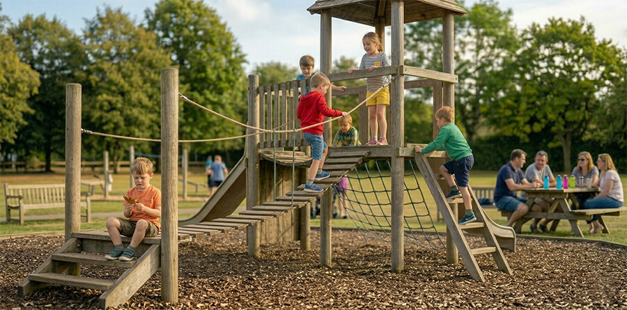 A sunny afternoon park scene featuring multiple children playing on a large, multi-level wooden climbing frame and rope bridge over a bark-mulch ground. In the background to the right, four adults sit at a wooden picnic table with several water bottles. To the far left, a boy in an orange shirt sits alone on a low step, while other children climb, cross bridges, and play on the frame. Trees fill the background of the park.