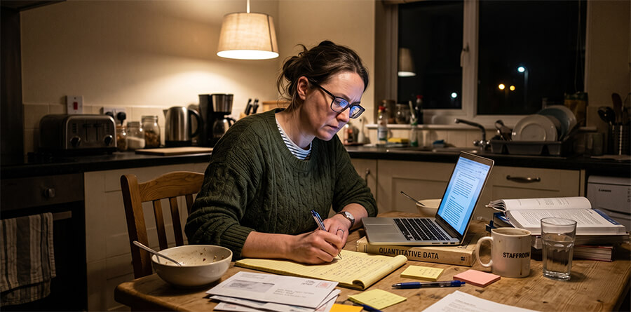 A woman wearing glasses and a green sweater sits at a cluttered wooden kitchen table at night, intently writing in a yellow notepad. In front of her are an open laptop and a stack of books.