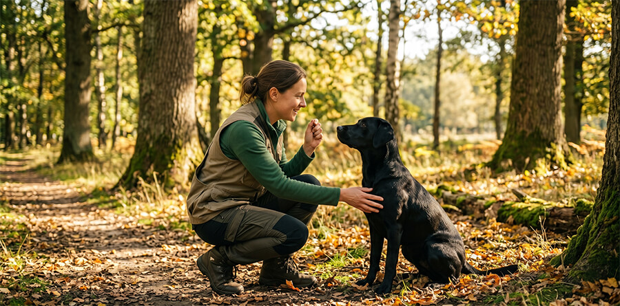 Woman 'lure' training with a black Labrador in a forest.