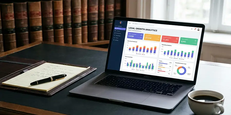 Laptop displaying marketing analytics on a modern law firm desk