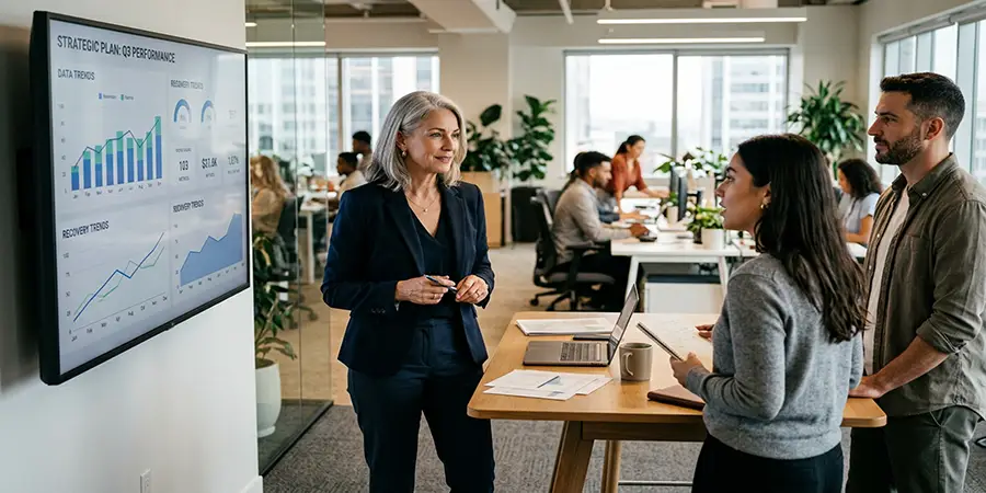 A business leader calmly discussing a situation with colleagues, demonstrating emotional intelligence