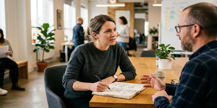 Professional actively listening and mapping out a workflow during a digital change discussion