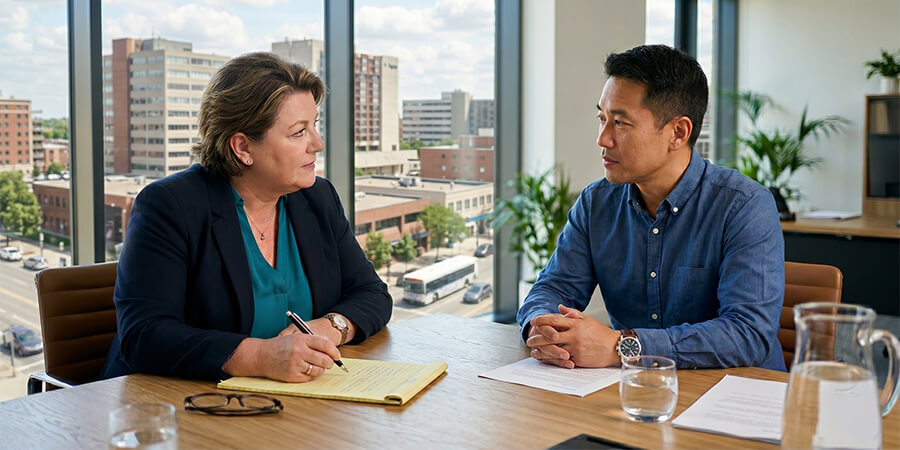 A woman lawyer and her client in a professional meeting at a conference table.