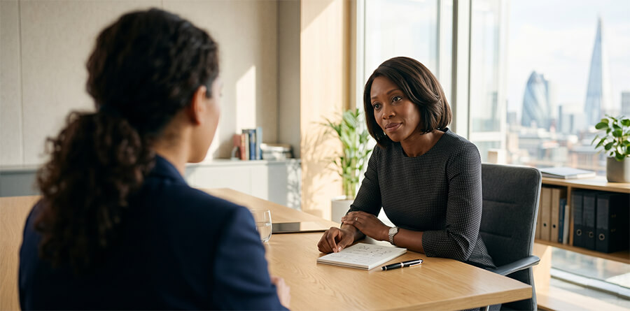 A legal consultation over-the-shoulder view with London skyline blurred background.