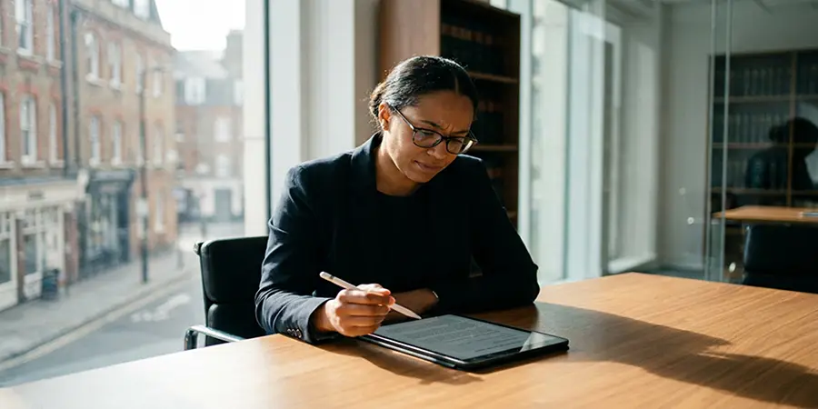 Individual thoughtfully reviewing legal documents on a tablet in a modern office