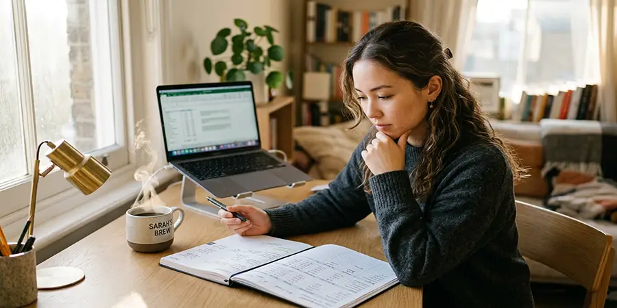 Young adult organizing their life with a physical planner and budget