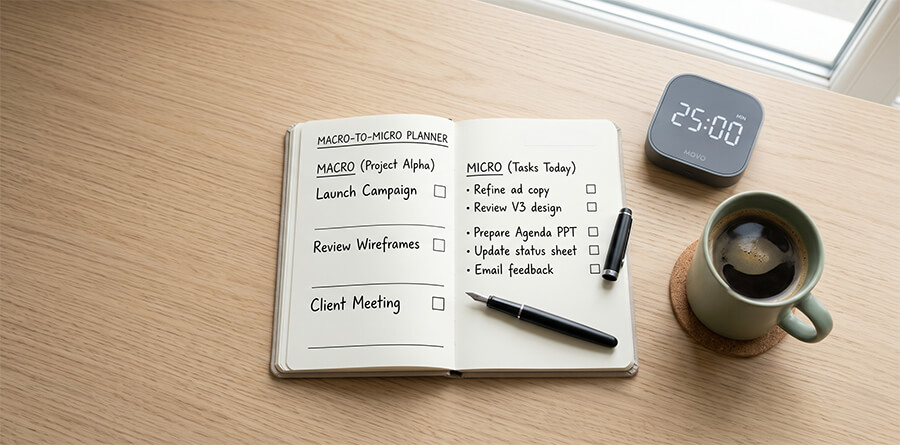 Overhead view of a productive workspace on a light wood desk. Centered is an open 'MACRO-TO-MICRO PLANNER' notebook with handwritten lists and a fountain pen. To the right sit a grey digital clock showing '25:00' and a mug of coffee on a coaster.
