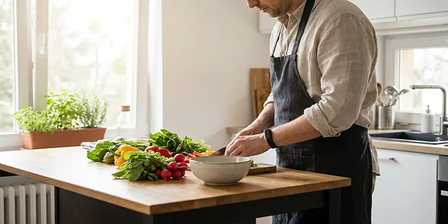 Adult preparing a healthy meal representing skills to maintain health