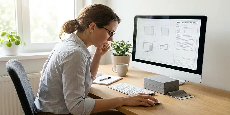 Professional manager reviewing specifications and a prototype for remote quality control