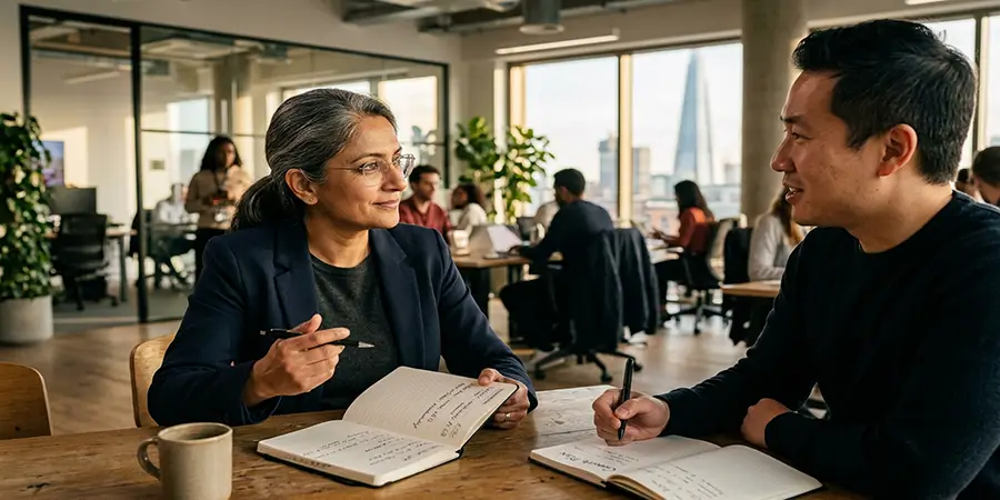 A professional manager engaged in a thoughtful discussion about career development