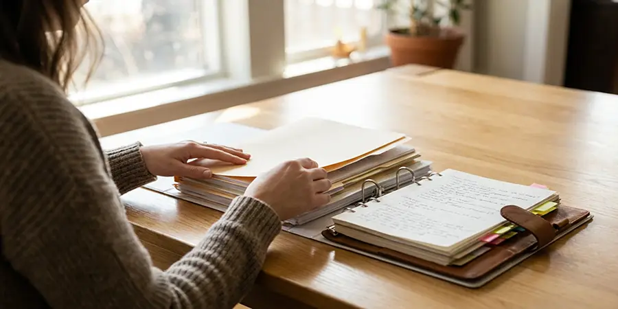 A person meticulously organizing documents to navigate bureaucracy