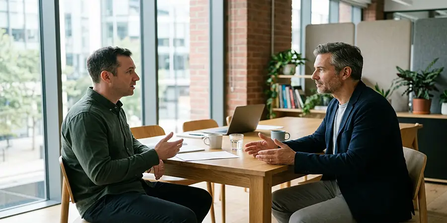 A professional demonstrating calm, active listening during a conversation
