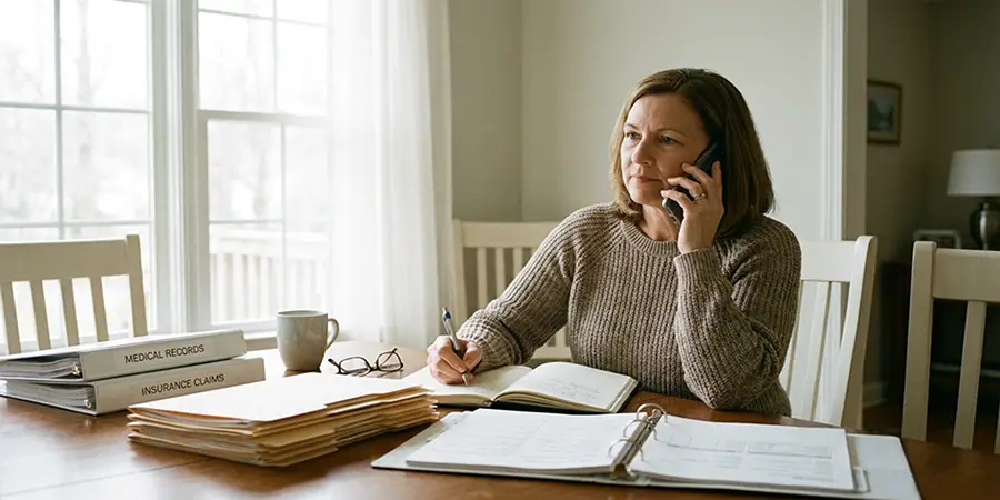 Woman sitting at a table with organised medical documents while calmly speaking on the phone.