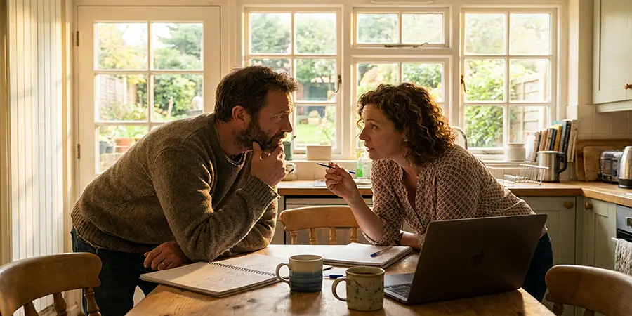 Two parents having an earnest discussion at a kitchen table