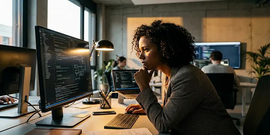 Software tester analytically studying interface on monitor