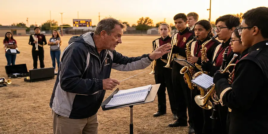 High school marching band director conducting students on a practice field at twilight