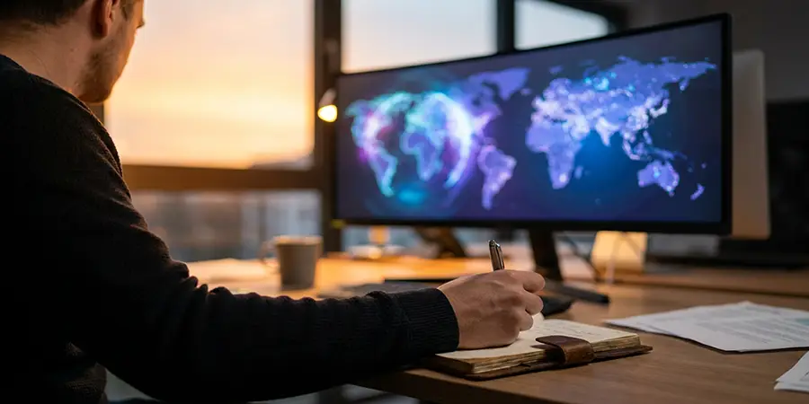 Market researcher analyzing global data on a monitor