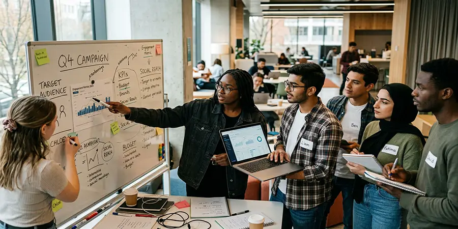 University students collaboratively brainstorming a digital marketing campaign