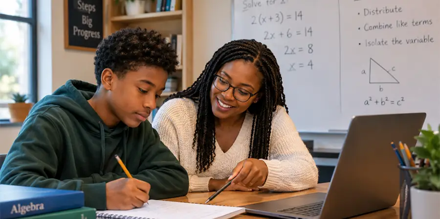 Tutor and student working on a math problem together
