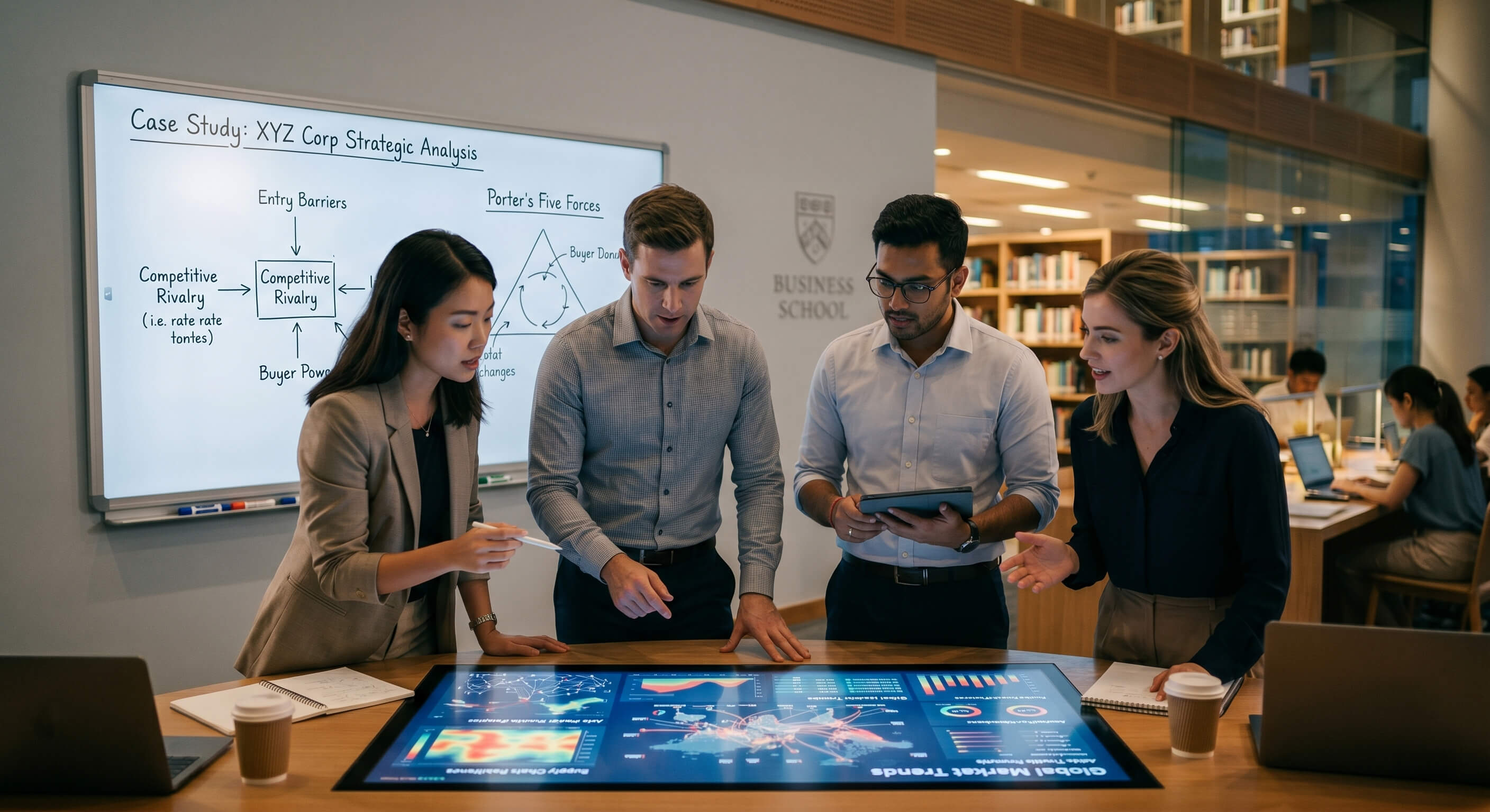 Four students collaborate around an interactive smart table with a glowing map display, in front of a whiteboard with case study diagrams.