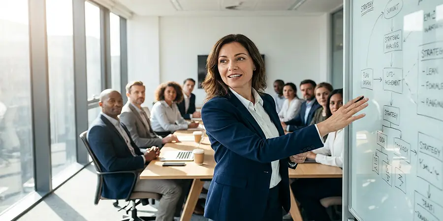 A mid-career professional leading an engaging strategic workshop and explaining leadership concepts