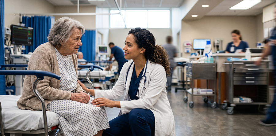 Kneeling physician actively listening to a distressed elderly patient, demonstrating empathetic communication, with a busy, blurred modern emergency department in the background.