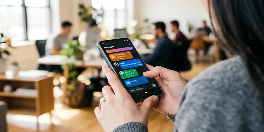 Person organizing folders on a messaging app on their smartphone
