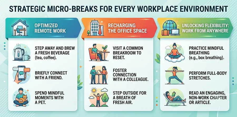Strategic Micro-Breaks for Every Workplace Environment.  Infographic showing the importance of micro-breaks.