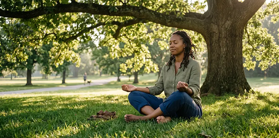 Individual mindfully grounding their bare feet in the grass under a tree