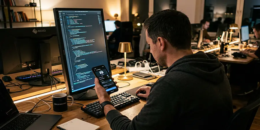 Software developer testing a mobile app interface on a smartphone while reviewing code