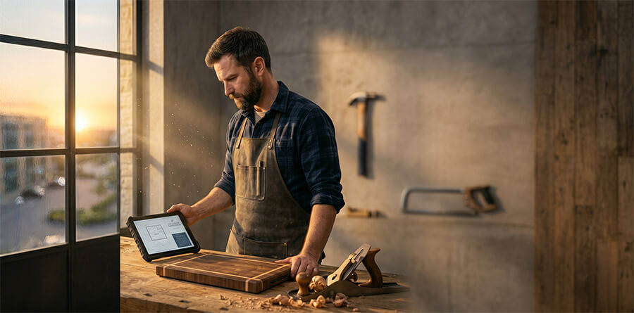 A thoughtful carpenter examines blueprints on a tablet at a workbench with bespoke items, in a workshop.