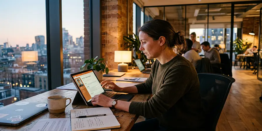 Modern HR professional reviewing team profiles on a tablet