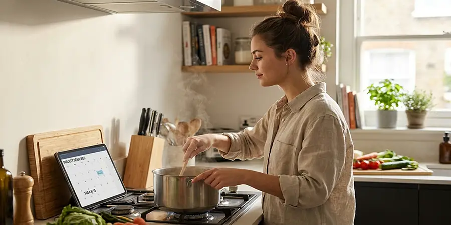 A young adult balancing modern life skills like cooking and digital scheduling