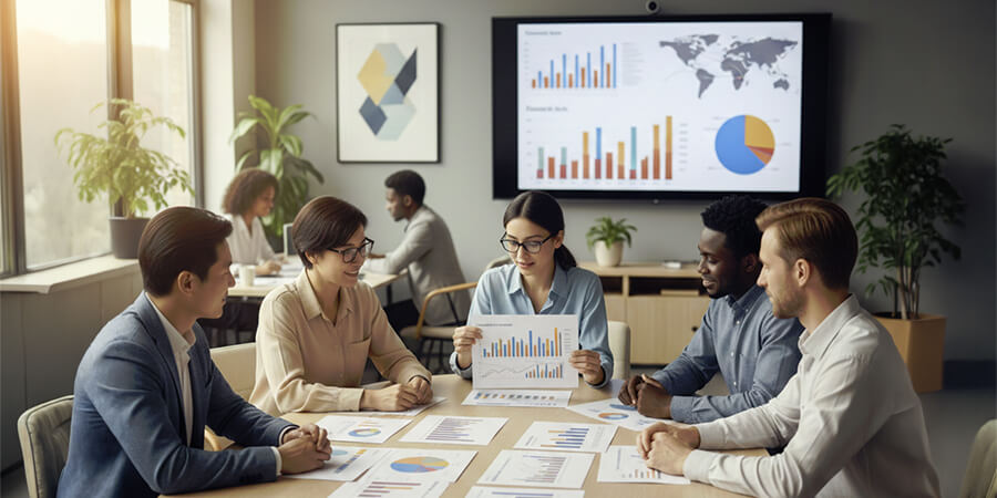 A diverse group of professionals in a modern office setting, sitting around a conference table and reviewing data charts while a large screen displays global analytics in the background.