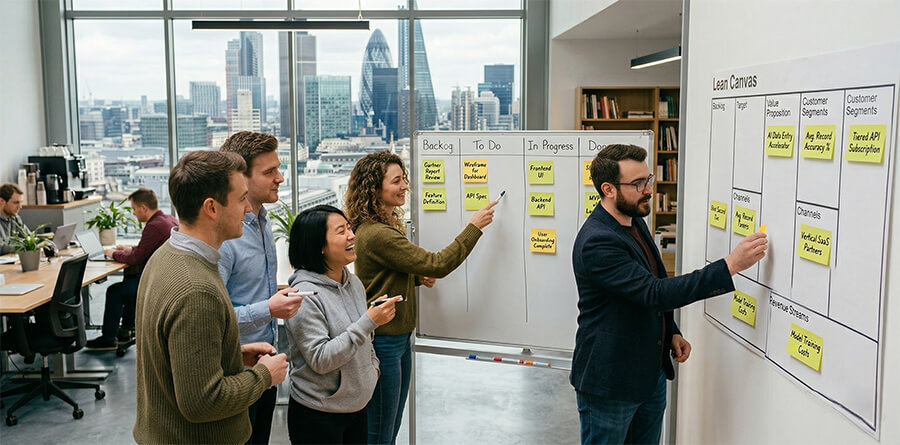 Six diverse entrepreneurs in a light-filled, modern London co-working space, with a panoramic view including the Gherkin building, collaborate around two whiteboards.
