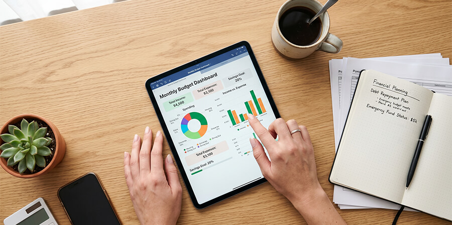 Person interacting with a digital budget dashboard on a tablet.
