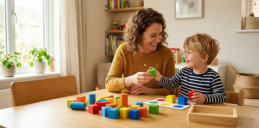 A smiling mother and young son in a striped shirt sit at a wooden table covered in colorful building blocks and a game board.