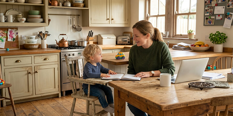 A mother in a green sweater smiles at her toddler sitting in a high chair looking at a book.