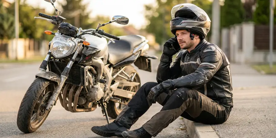 A motorcyclist safely sitting on a curb, calmly making a phone call after an unexpected event.