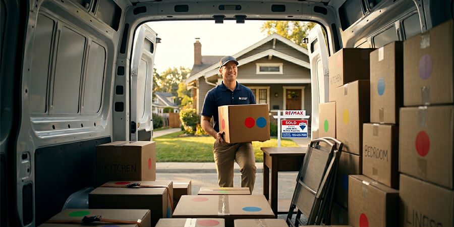 A perspective view from inside a heavily packed cargo van, looking out as a man in a blue polo shirt and cap carries a labeled cardboard box. The van interior shows numerous color-coded moving boxes and folding chairs.