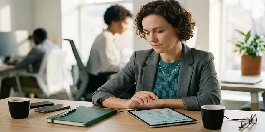 Professional calmly reviewing a shortlist on a tablet to make a decision